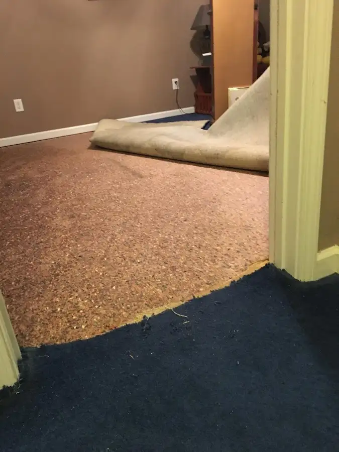 Carpet pad removal revealing water damage during Drying & Dehumidification in San Buenaventura (Ventura)
